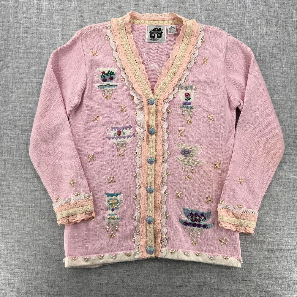 VTG Y2K Storybook Knits Tea Cardigan Sweater Women S Pink Embroidered Cottage - Picture 3 of 13